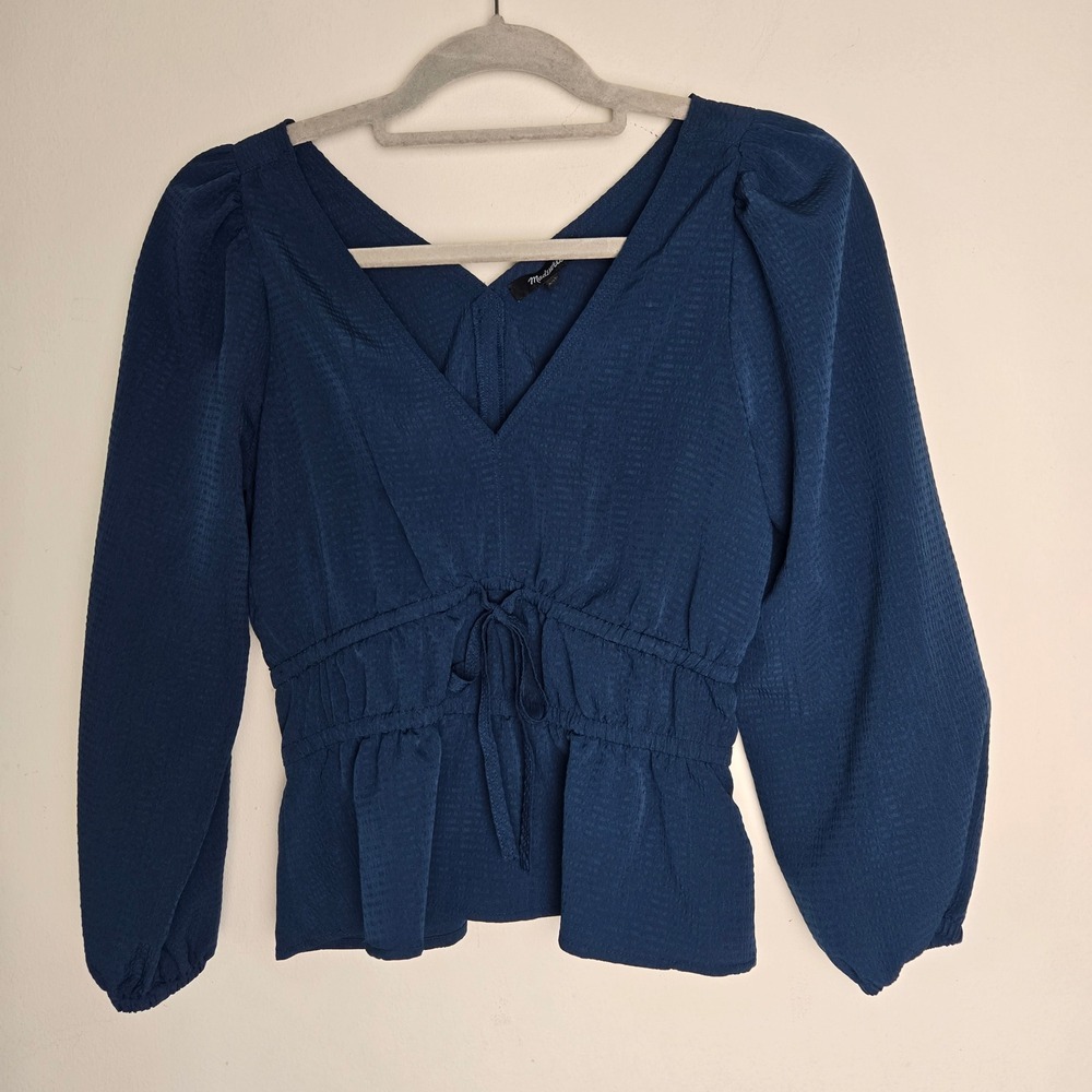 Madewell Navy Blue Seersucker Peasant Boho V-Neck Puff Sleeve Top XXS